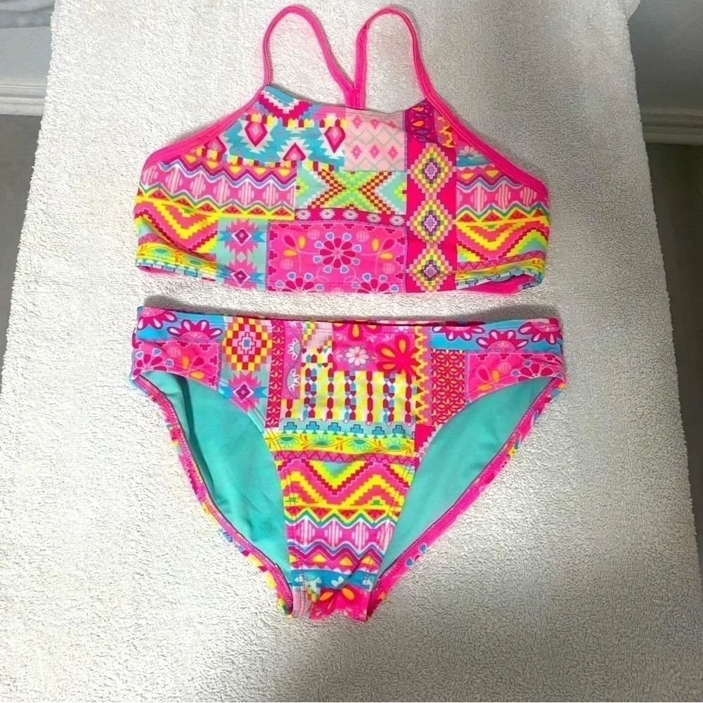 Wonder Nation Girls Swimsuit Color Blue/Pink Size Large 10/12 Swimming
